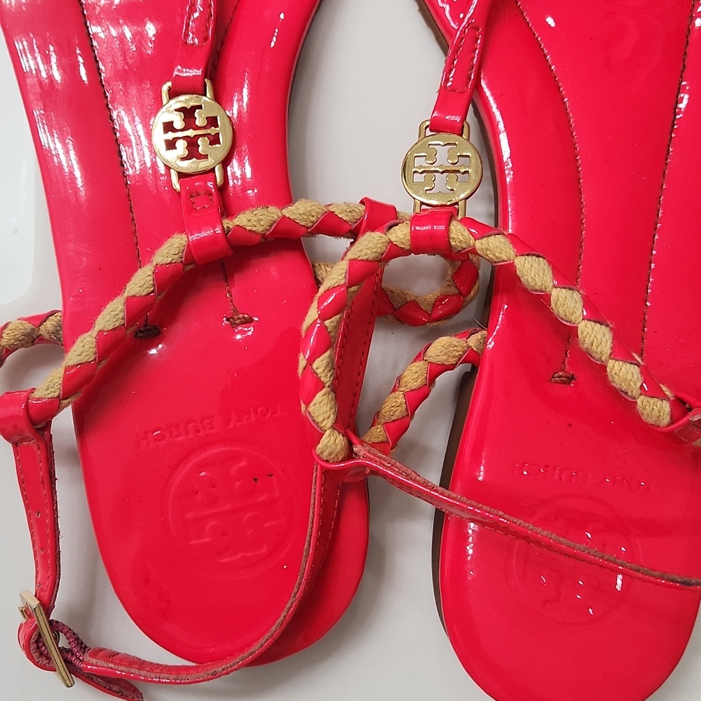 Tory Burch Bright Red Braided Thong Sandals with Gold Logo - Picture 5 of 12